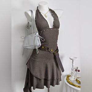 🤎 Hello Gorgeous!  Studded Halter Neck Ruffle Hem Mini Dress - Brown